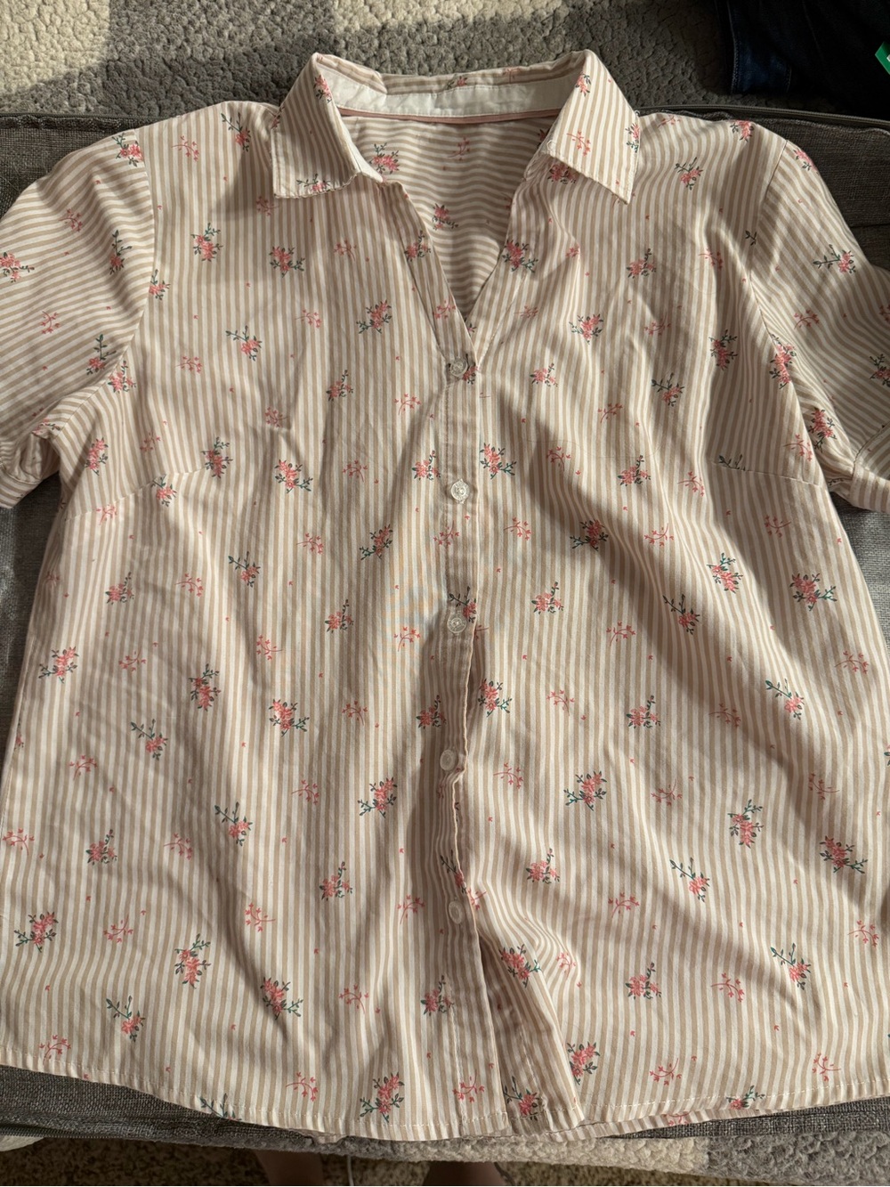 Sears Cream and Pink Striped Floral Button-Up